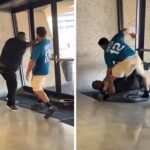 Jaguars Fan com a briga de jogo gigante para o jogo Prepaason, em vídeo